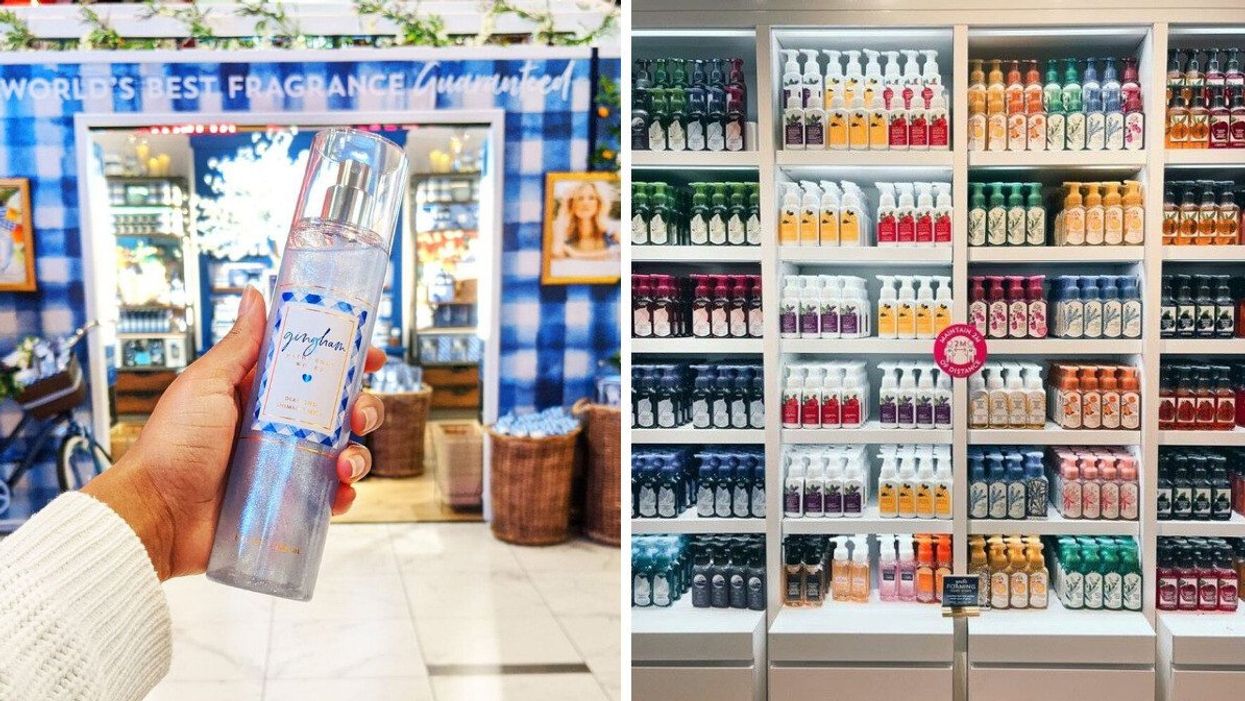 Person holding a Bath & Body Works Gingham perfume. Right: Soaps in a Bath & Body Works store.