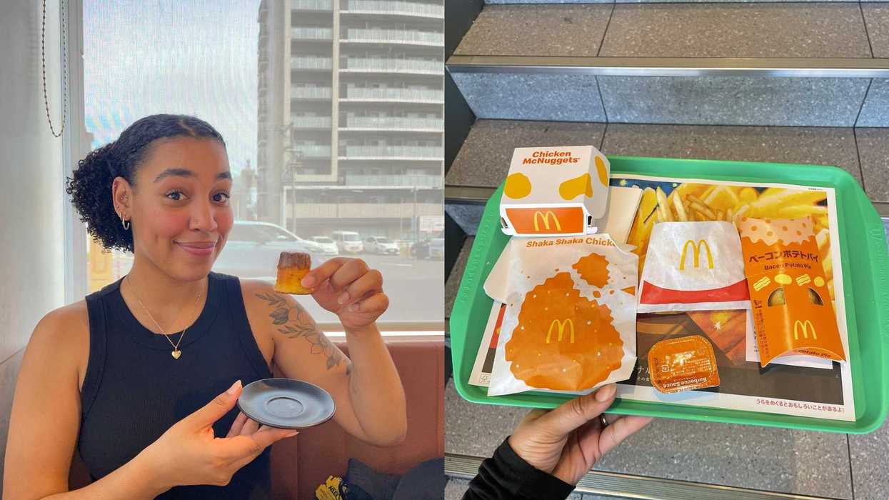 Person holding a black plate in one hand and McDonalds' Japan Pudding Cake in the other, Right: Person holding a tray with chicken nuggets, a Bacon Potato Pie, fries, and a Shaka-Chicki from Mcdonald's.