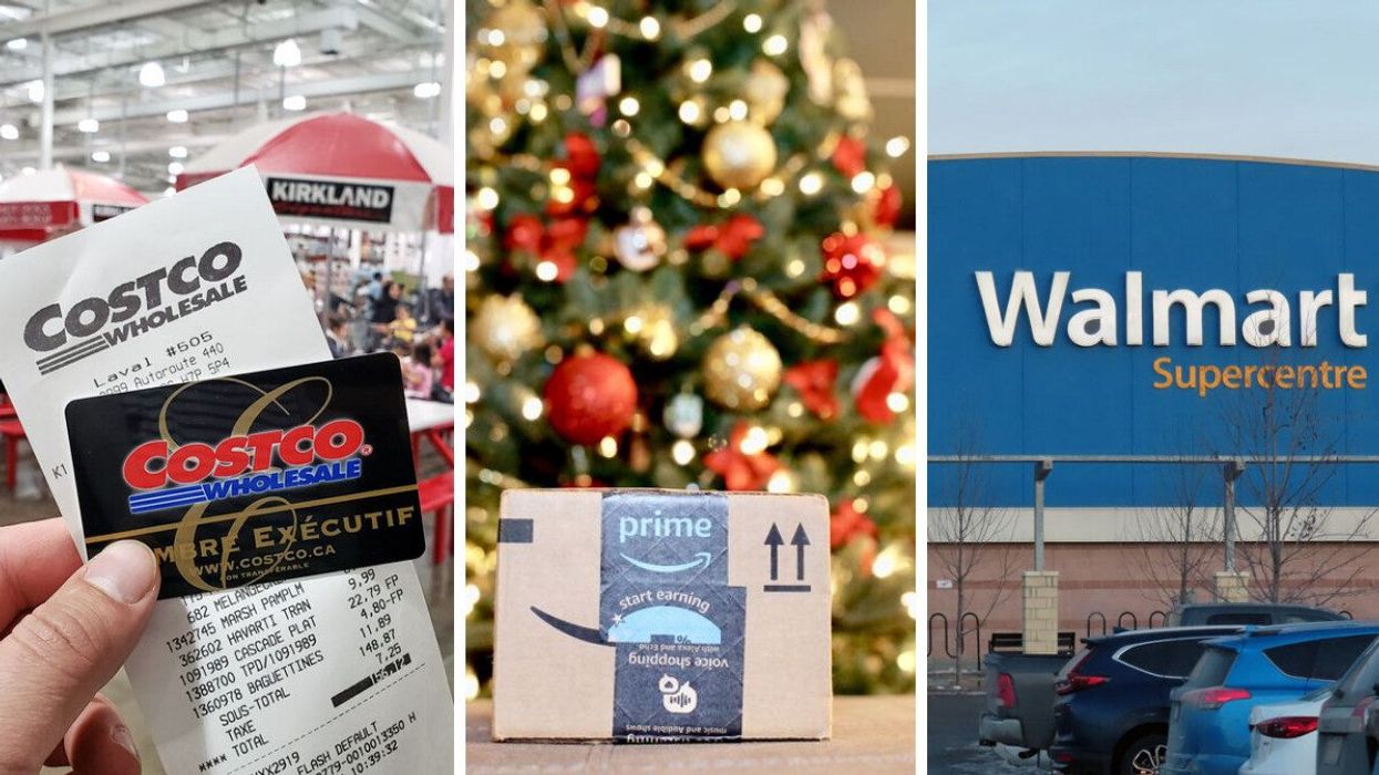 person holding a costco membership card and receipt in a store. centre: amazon prime box in front of a christmas tree. right: walmart storefront in canada
