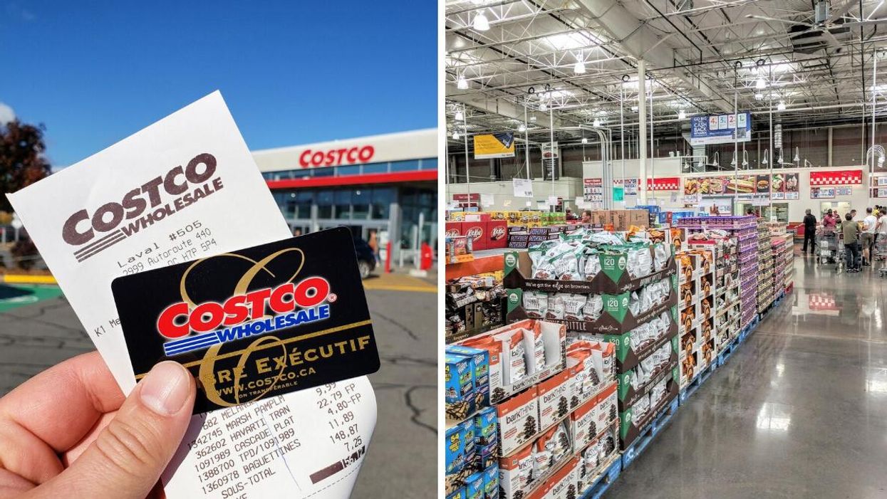 Person holding a Costco membership card and receipt in front of a warehouse. Right: Food product displays at Costco.