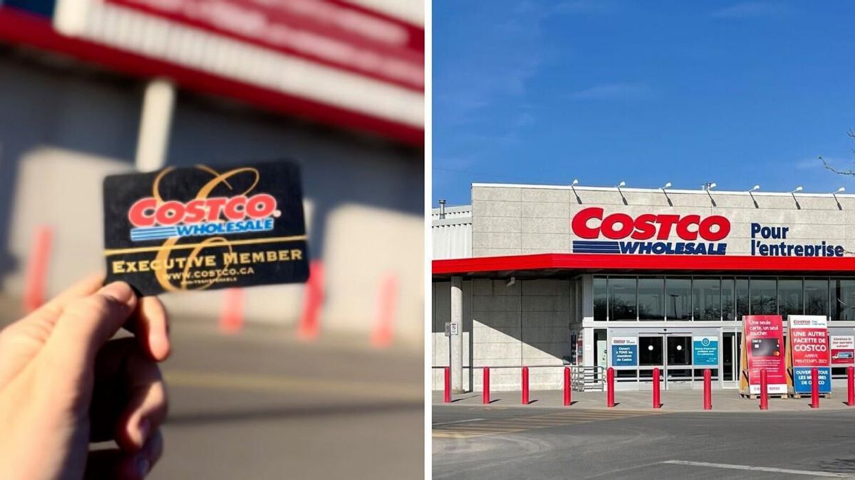 Person holding a Costco membership card. Right: Costco location in Canada.