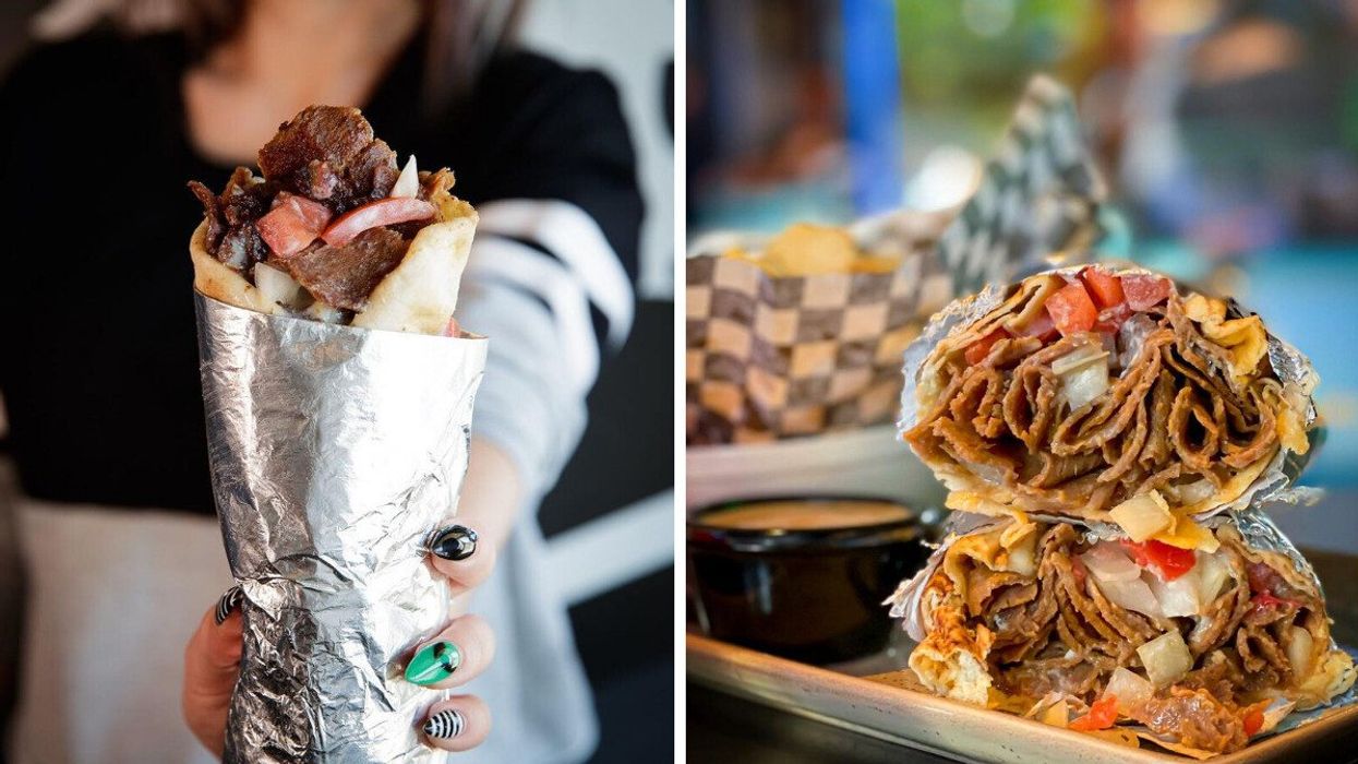 Person holding a donair wrapped in foil. Right: Donair halves stacked on top of one another.