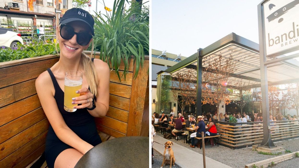 Person holding a drink and sitting on a wooden bench. Right: A view of an outdoor patio restaurant.