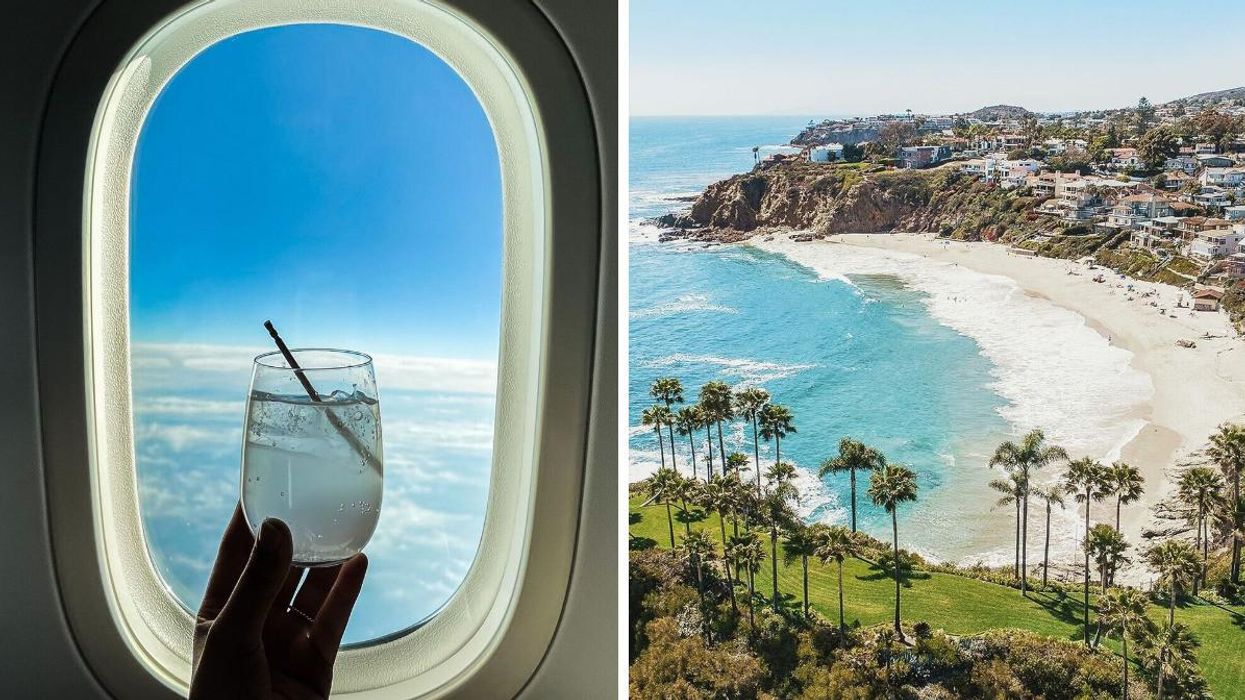 Person holding a drink in front of an airplane window on a WestJet flight. Right: A beach in California with palm trees.