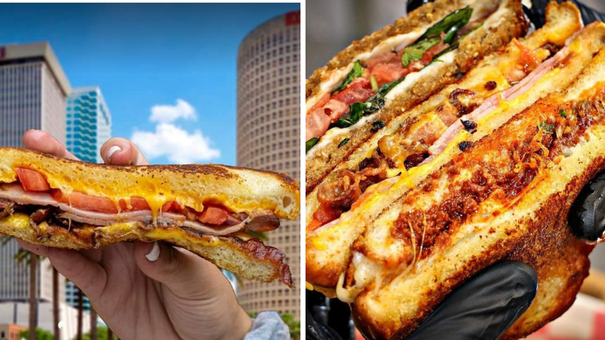 Person holding a grilled cheese in the Tampa Bay Area. Right: A stacked grilled cheese.