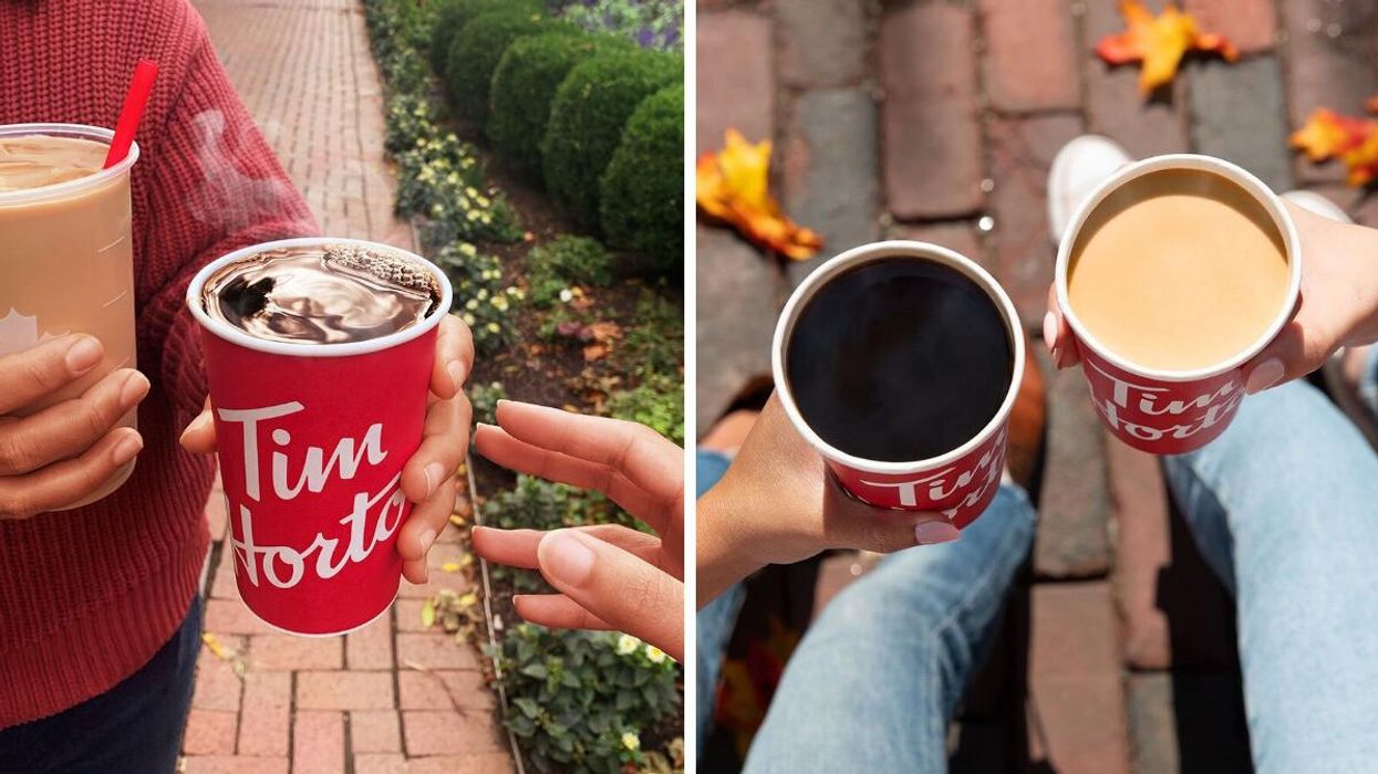 Person holding a hot Tim Hortons coffee and an iced coffee. Right: People holding Tim Hortons coffees.