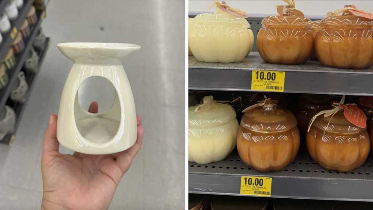 PErson holding a oil diffuser. Right: Candle.