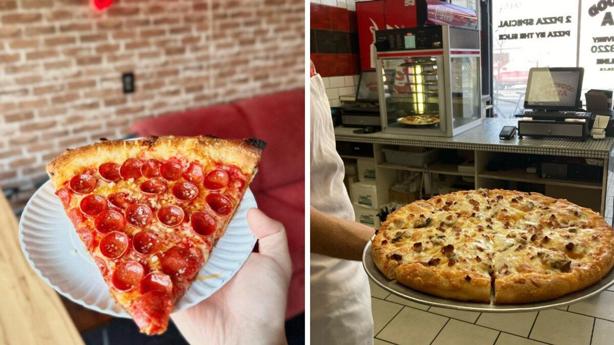 Person holding a pizza. Right: A whole pizza pie at a shop.