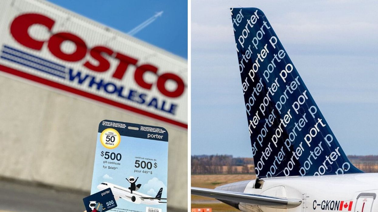 person holding a porter airlines gift card in front of a Costco warehouse sign. right: porter airlines airplane