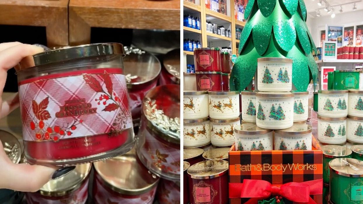 person holding a red bath and body works candle. right: white bath and body works three-wick candles stacked in a store
