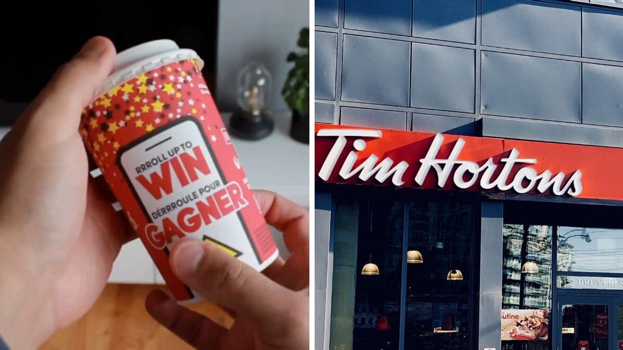 Person holding a Roll Up To Win cup from Tim Hortons. Right: Tim Hortons sign for a location in Toronto.