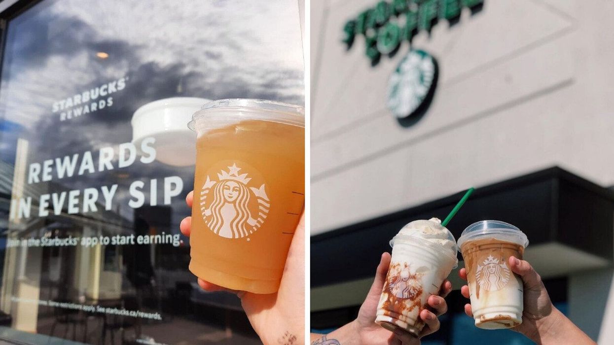Person holding a Starbucks drink in front of a window display about Starbucks Rewards. Right: People holding Starbucks drinks outside a location.