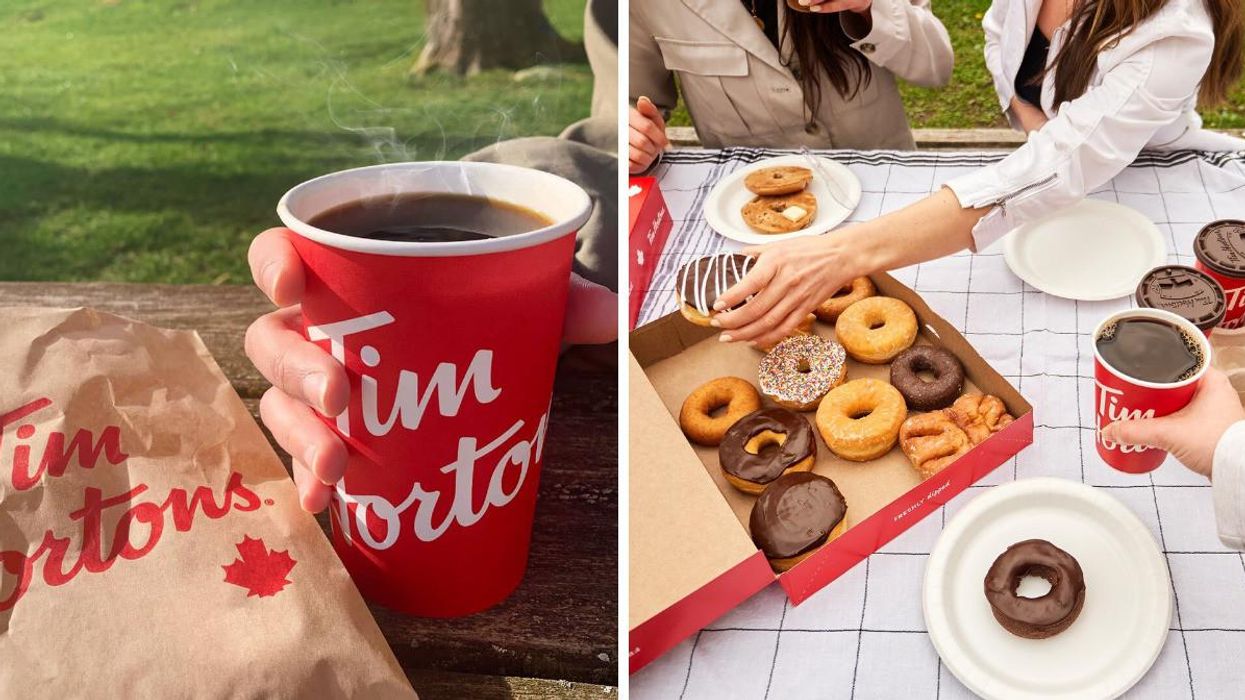 Person holding a Tim Hortons coffee next to a Tim Hortons baked goods bag. Right: People grabbing Tim Hortons donuts from a box.