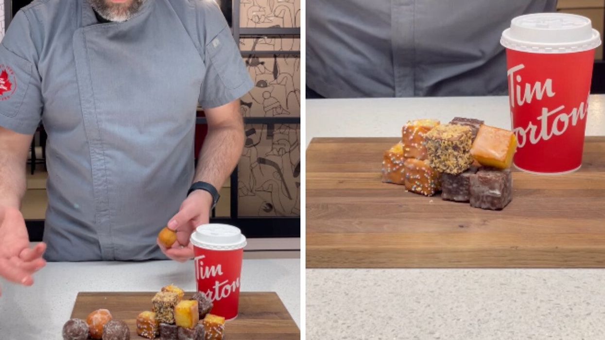 Person holding a Timbit near a platter of Tim Hortons square Timbits. Right: Square Timbits and a Tim Hortons cup.