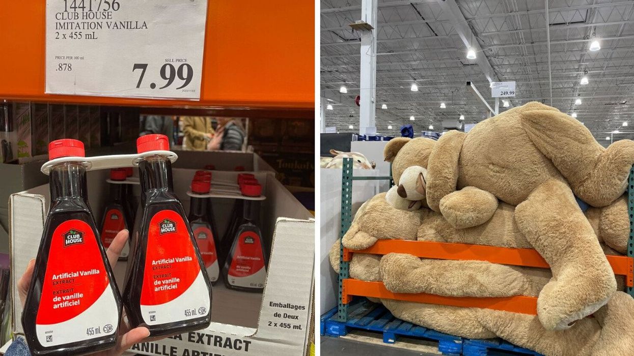 person holding a two-pack of vanilla extract at costco. right: giant costco bears.