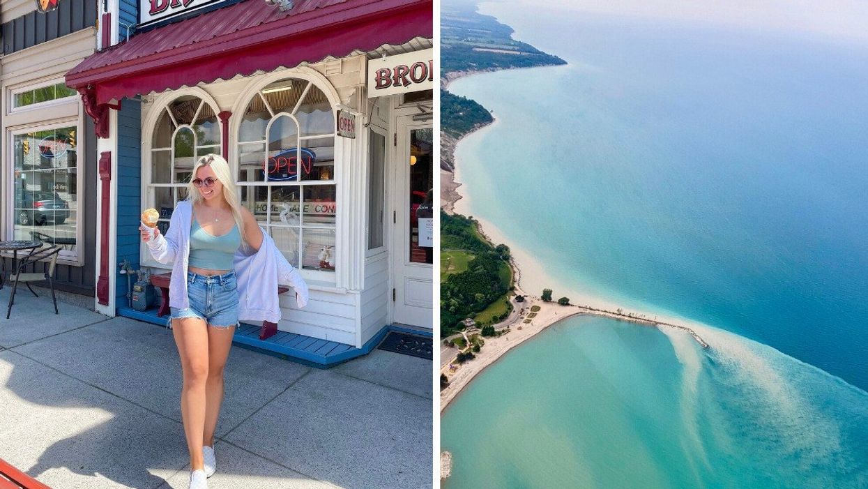 Person holding an ice cream cone. Right: Aerial shot of Goderich, Ontario.
