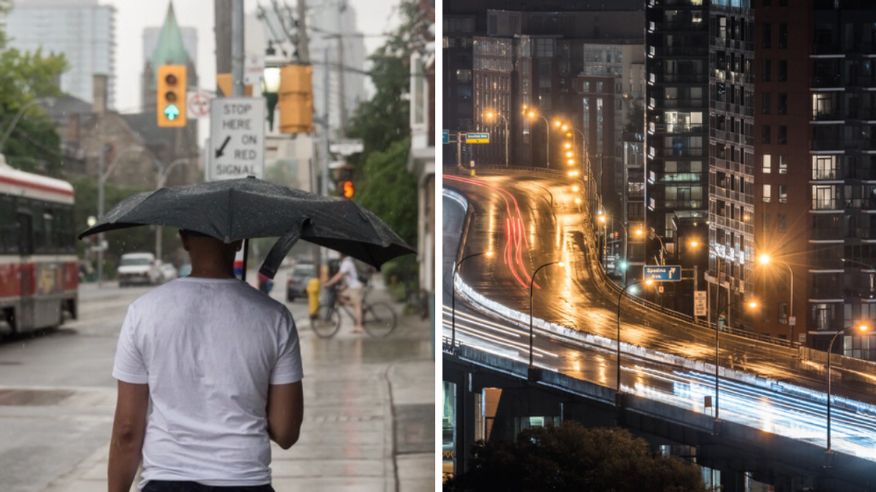 Person holding an umbrella in Toronto. Right: Rainy Gardiner Expressway.