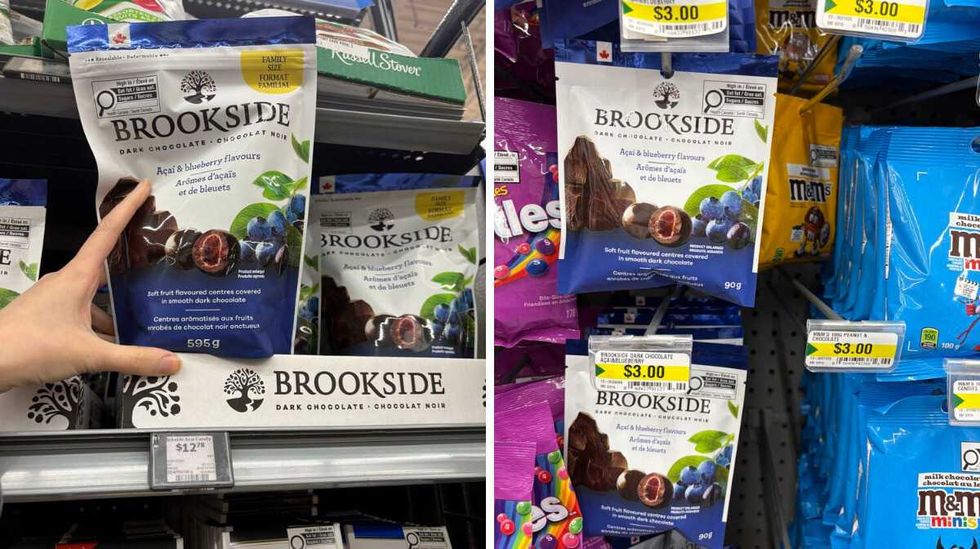 person holding bag of Brookside chocolate-covered acai and blueberries at Walmart. Right: bags of Brookside chocolate-covered acai and blueberries at Dollarama.\u200b