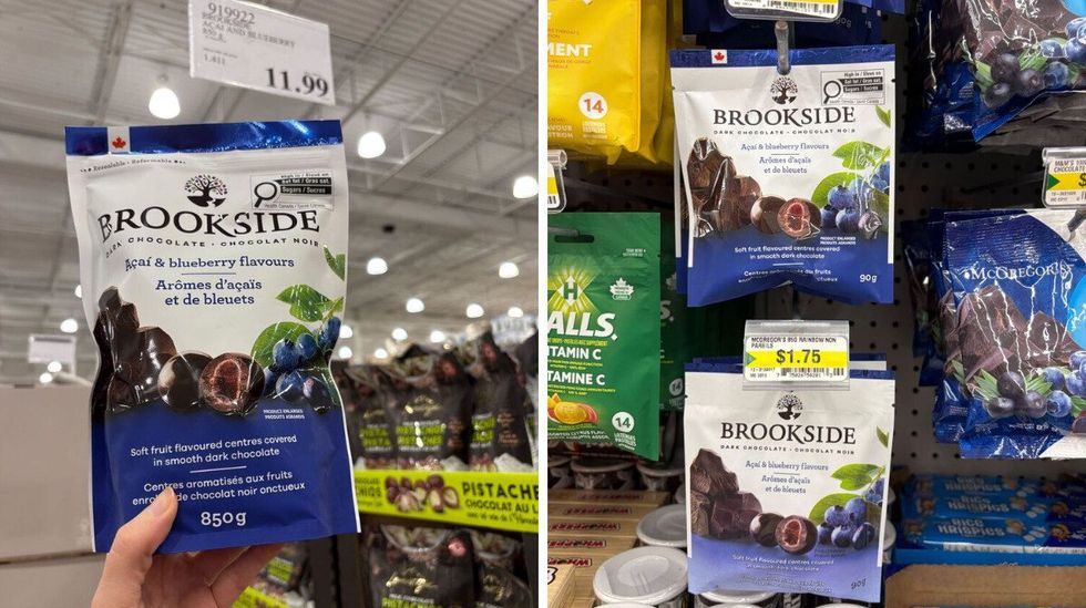 person holding bag of Brookside chocolate-covered fruit at costco. right: bags of Brookside chocolate-covered fruit at dollarama