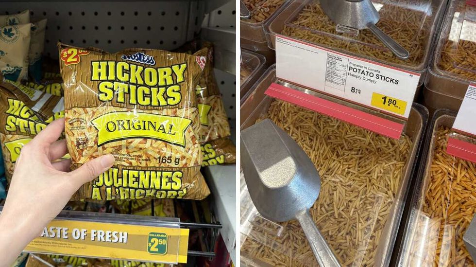 person holding bag of Hickory Sticks at Dollarama. Right: bin of Humpty Dumpty potato sticks at Bulk Barn