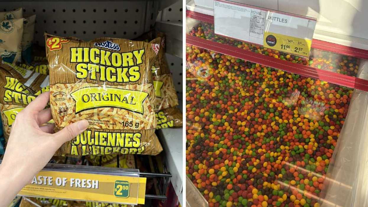 person holding bag of hickory sticks at dollarama store. right: bin of skittles at bulk barn store