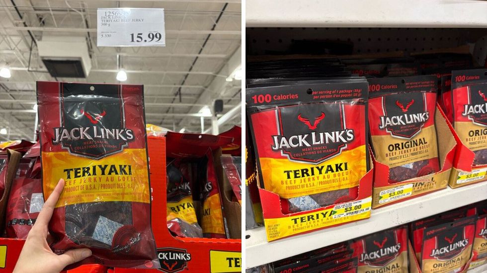 person holding bag of Jack Link's beef jerky at costco. right: bags of Jack Link's beef jerky at dollarama
