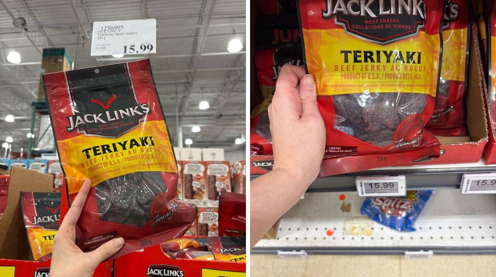 person holding bag of jack link's beef jerky at costco. right: person holding bag of jack link's beef jerky at loblaws