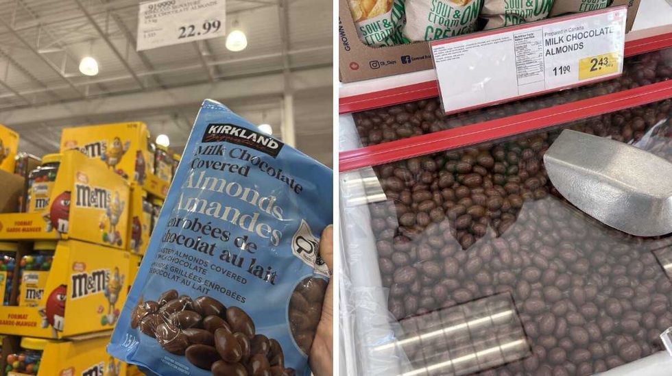 person holding bag of Kirkland Signature chocolate-covered almonds at Costco. Right: bin of Chocolate-covered almonds at Bulk Barn.