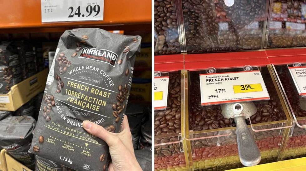 person holding bag of Kirkland Signature French roast coffee at Costco. Right: bin of French roast coffee beans at Bulk Barn.