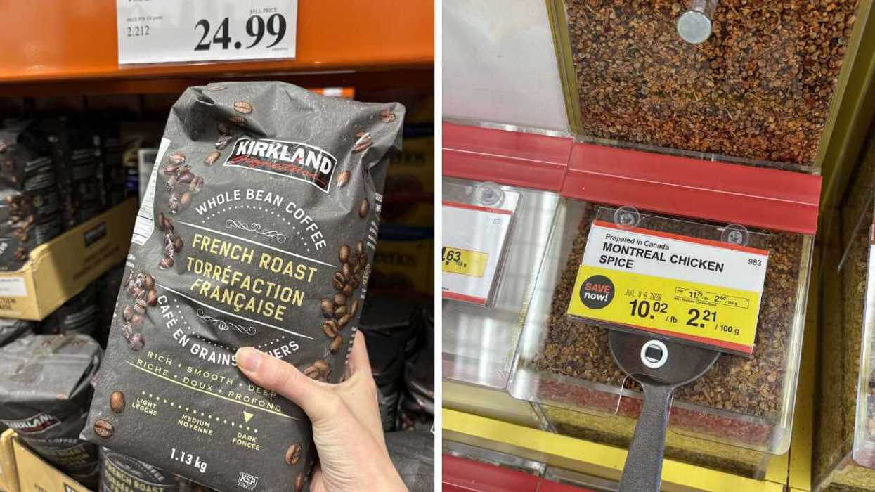 person holding bag of kirkland signature french roast coffee at costco. right: bin of montreal chicken spice at bulk barn