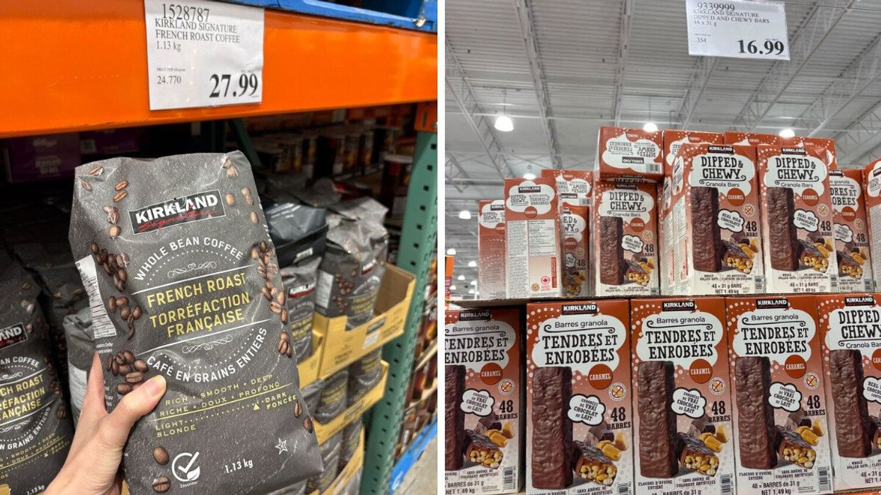 person holding bag of kirkland signature french roast coffee at costco. right: boxes of kirkland signature chocolate dipped granola bars