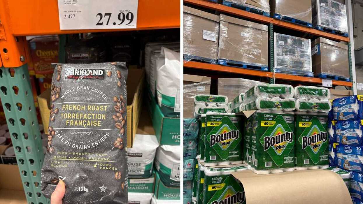 person holding bag of kirkland signature french roast coffee at costco. right: packs of bounty paper towels at costco