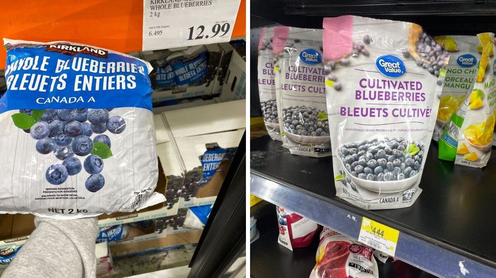 person holding bag of Kirkland Signature frozen blueberries. Right: Great Value frozen blueberries at Walmart
