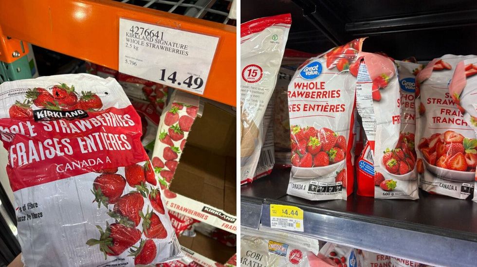 person holding bag of kirkland signature frozen strawberries at costco. right: bags of great value frozen strawberries in freezer at walmart