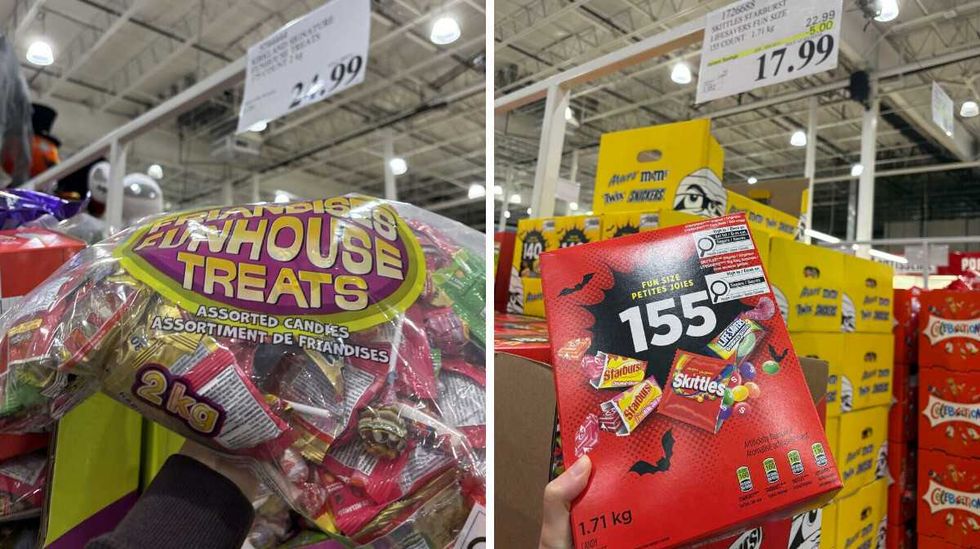 person holding bag of Kirkland Signature Funhouse Treats candy. Right: person holding box of Skittles and Starbust candy at Costco