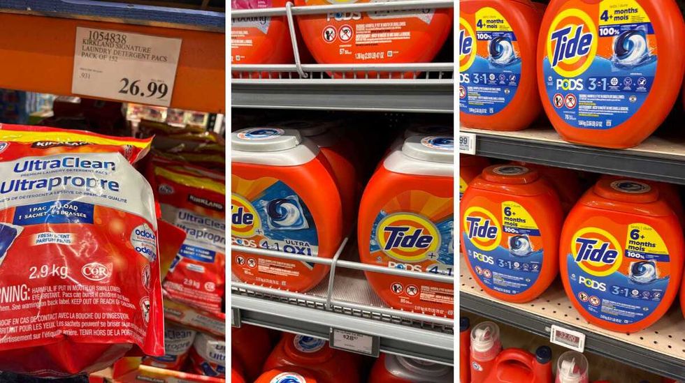 person holding bag of Kirkland Signature laundry detergent pods. Centre: packs of Tide Pods at Walmart. Right: packs of Tide Pods at Loblaws.