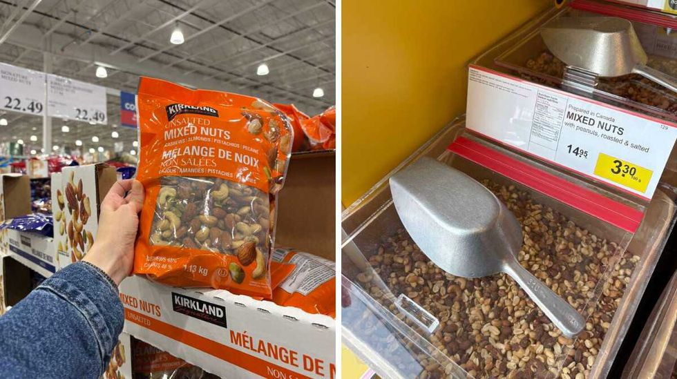person holding bag of Kirkland Signature mixed nuts at Costco. Right: bin of Mixed nuts at Bulk Barn.