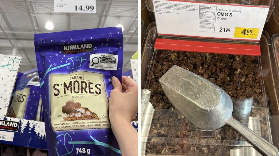 person holding bag of Kirkland Signature s'mores clusters at Costco. Right: bin of OMG s'mores clusters at Bulk Barn.