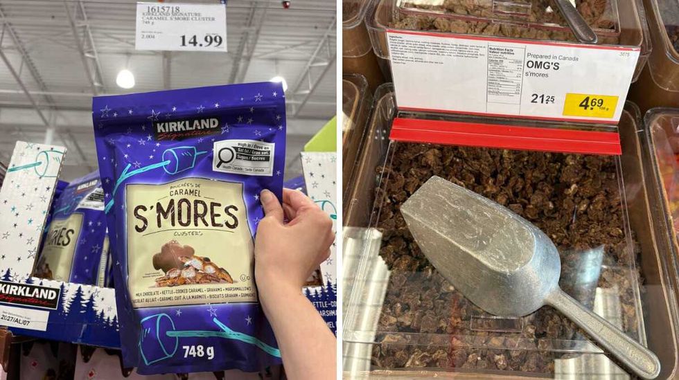 person holding bag of Kirkland Signature s'mores clusters at Costco. Right: bin of OMG s'mores clusters at Bulk Barn.