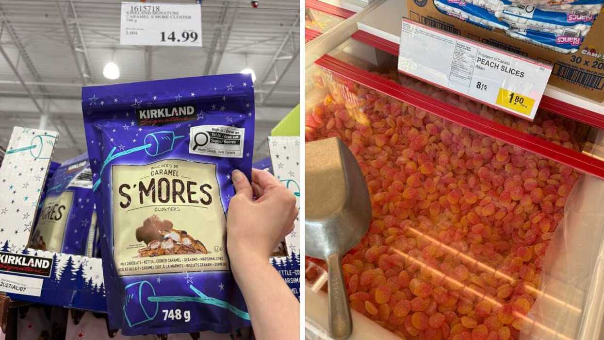 person holding bag of kirkland signature s'mores clusters at costco store in canada. right: bin of peach slice candies at bulk barn store