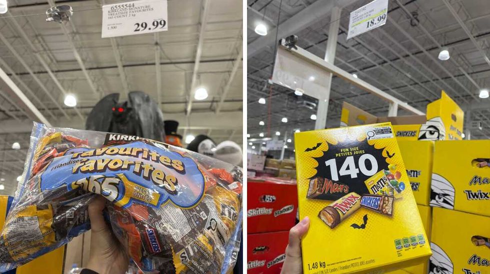 person holding bag of Kirkland Signature Treatsize Favourites chocolates. Right: person holding box of Mars, Twix, Snickers and peanut M&M's at Costco