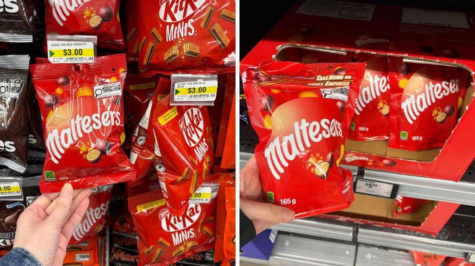 person holding bag of Maltesers at Dollarama. Right: person holding bag of Maltesers at Walmart.