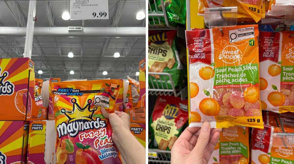 person holding bag of Maynards fuzzy peach candies at Costco. Right: person holding bag of Sour peach slices at Dollarama
