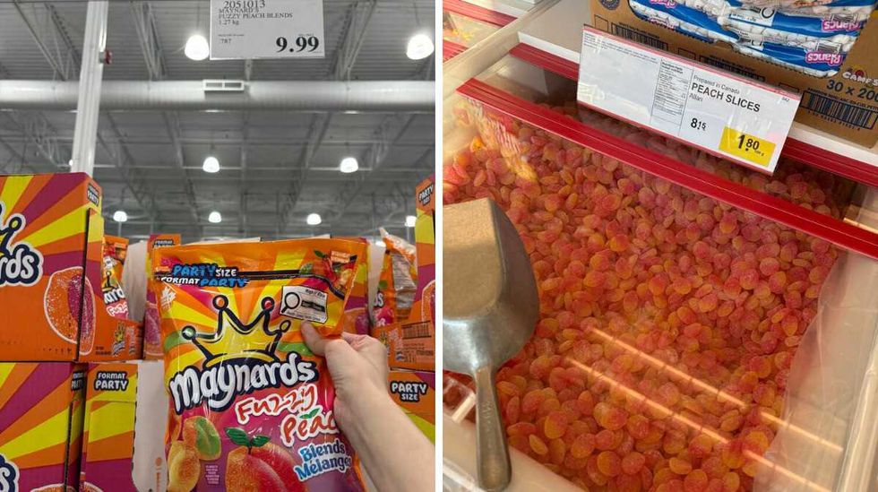 person holding bag of Maynards fuzzy peach slices at Costco. Right: bin of Peach slices at Bulk Barn.