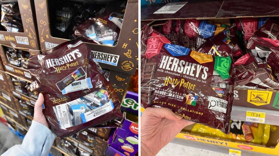 person holding bag of mini hershey's harry potter chocolates at costco. right: person holding bag of mini hershey's harry potter chocolates at walmart