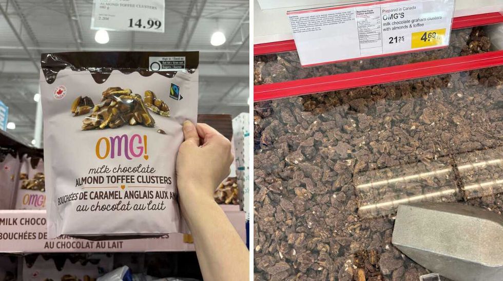 person holding bag of OMG almond toffee clusters at Costco. Right: bin OMG almond toffee clusters at Bulk Barn.