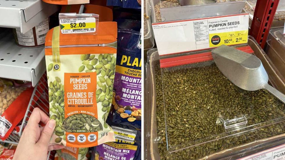 person holding bag of Pumpkin seeds at Dollarama. Right: bin of Pumpkin seeds at Bulk Barn