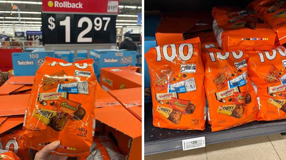 person holding bag of Reese's, Oh Henry, Hershey's Cookies 'n' Creme and Whoppers \u200bat Walmart. Right: bags of Reese's, Oh Henry, Hershey's Cookies 'n' Creme and Whoppers at Loblaws.