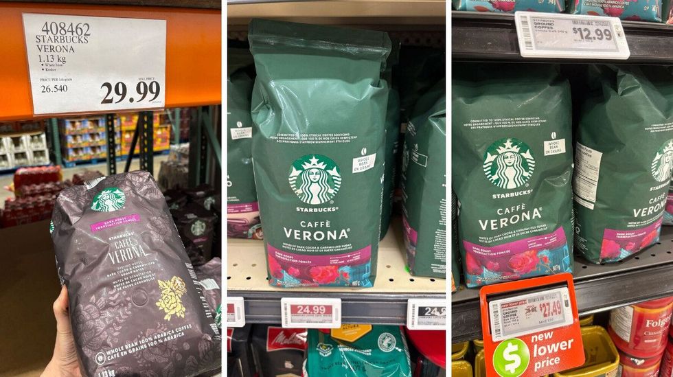 person holding bag of starbucks caffe verona coffee at costco. centre: bag of starbucks caffe verona coffee at loblaws. right: bag of starbucks caffe verona coffee at metro