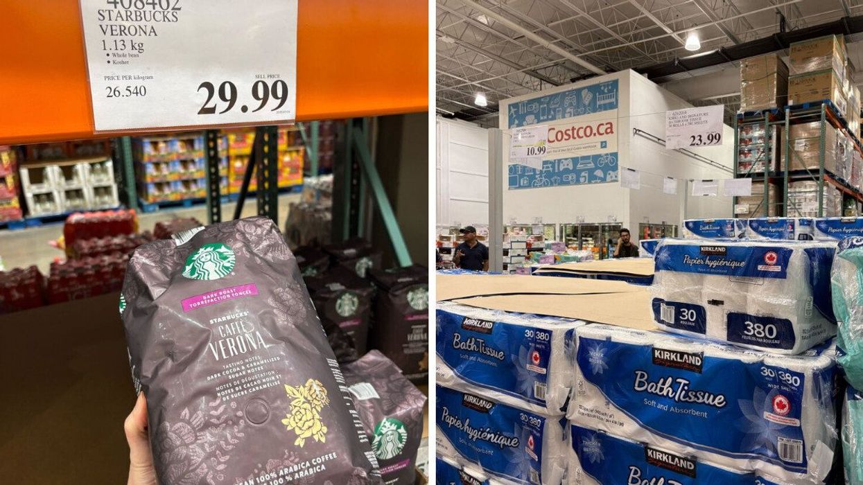 person holding bag of starbucks caffe verona coffee at costco. right: stack of kirkland signature toilet paper at costco